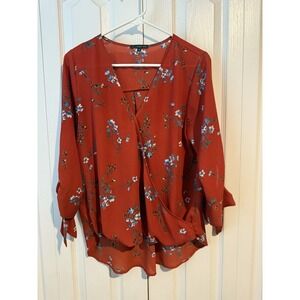 Floral Wrap Blouse West Kai Red Women's Size M Long Sleeve Tie Cuff High-Low Hem